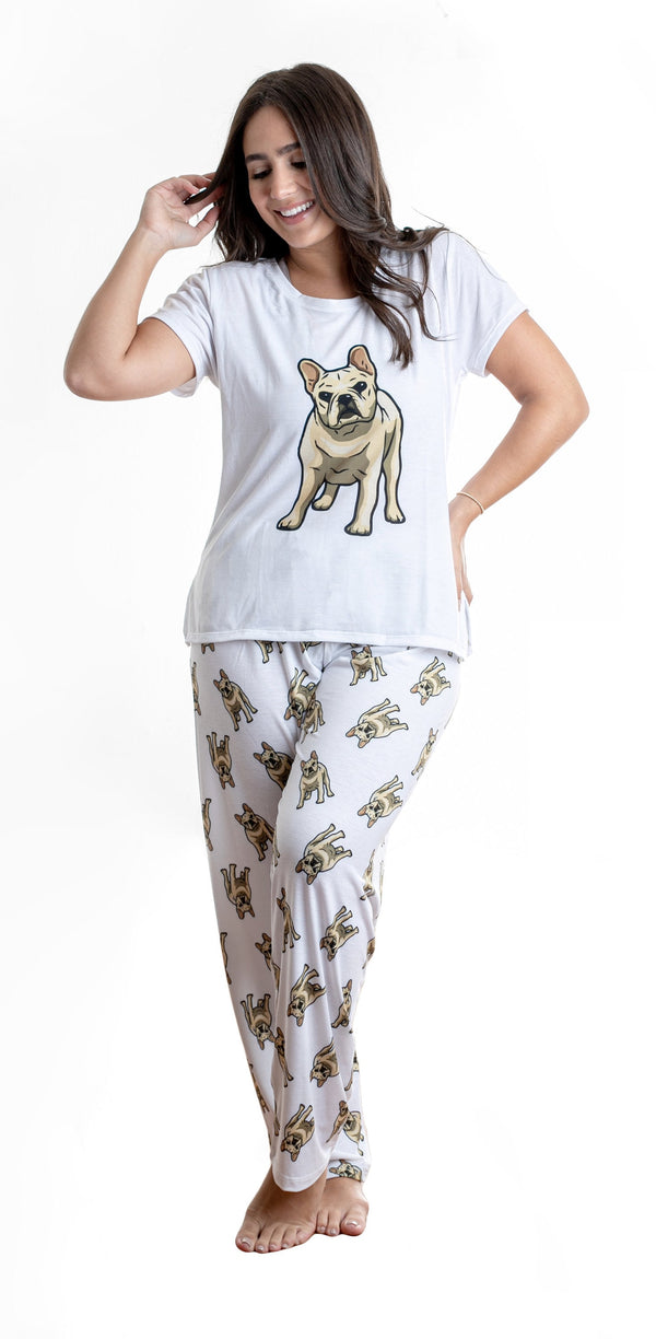 Cream / Fawn frenchie 2 piece Pj set with long pants - French bulldog