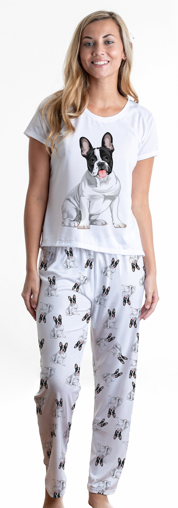 Black and white frenchie 2 piece Pj set with long pants - French bulldog