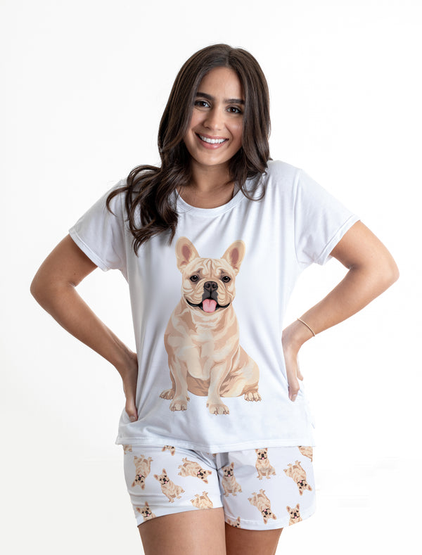 Cream / Fawn frenchie 2 piece Pj set with shorts - French bulldog